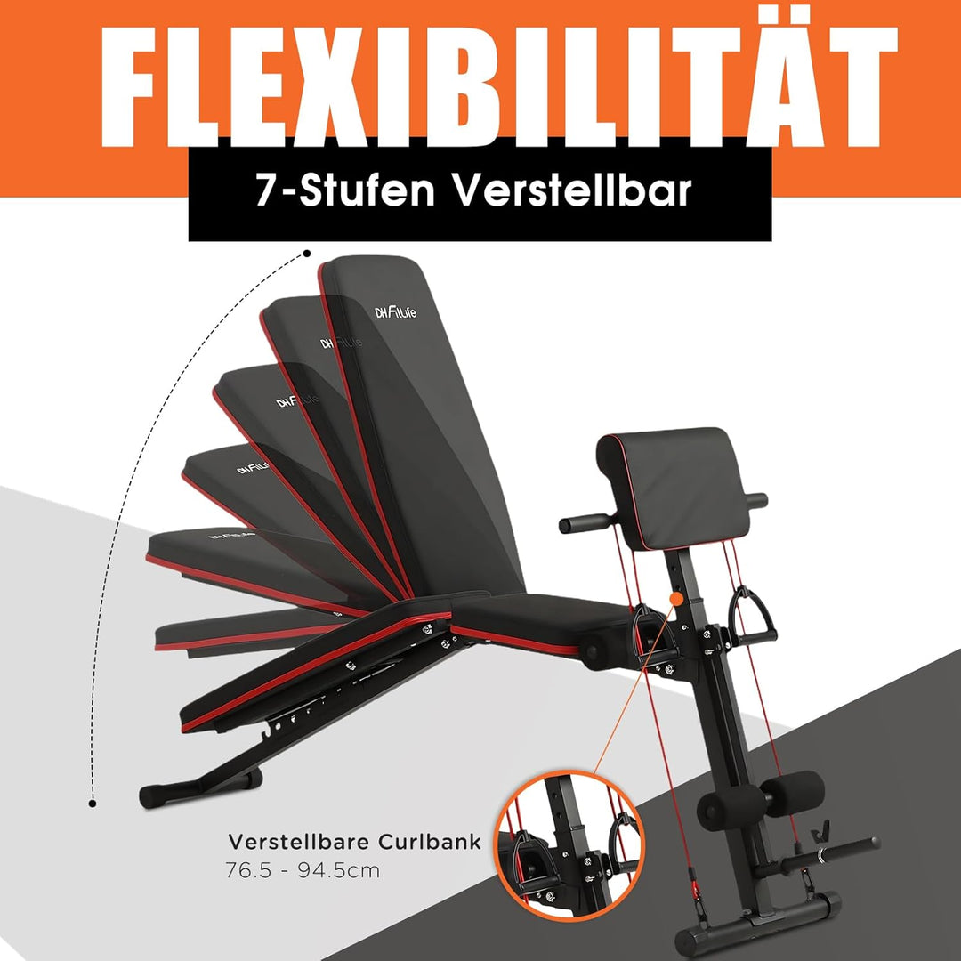 DH FitLife Hantelbank klappbar mit Curlbank & Beinstrecker | Weight Bench for Home Workout | Trainin
