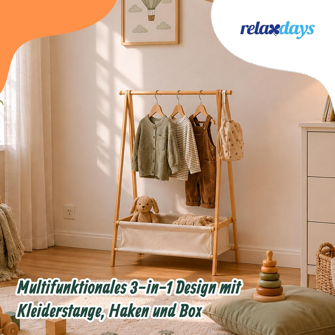 Relaxdays Kleiderständer Kinder, Bambus, HxBxT 106 x 86 x 36 cm, Stoffkorb, Kleiderstange, Kindergar