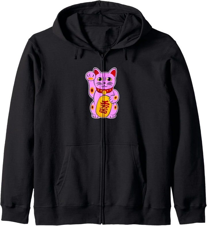 Winkekatze Pink Maneki Neko Glückskatze Lucky Yoga Cat Katze Kapuzenjacke