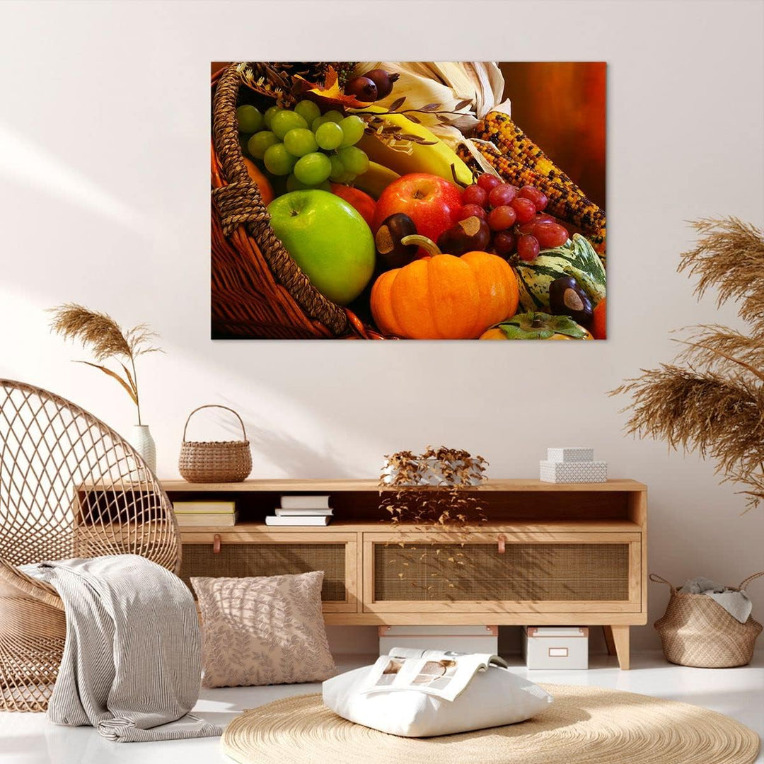 ARTTOR Bilder auf Leinwand 100x70cm Leinwandbild Weidenkorb Obst Gemüse Gross Wanddeko Bild Schlafzi