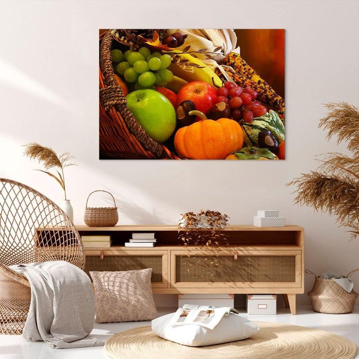 ARTTOR Bilder auf Leinwand 100x70cm Leinwandbild Weidenkorb Obst Gemüse Gross Wanddeko Bild Schlafzi