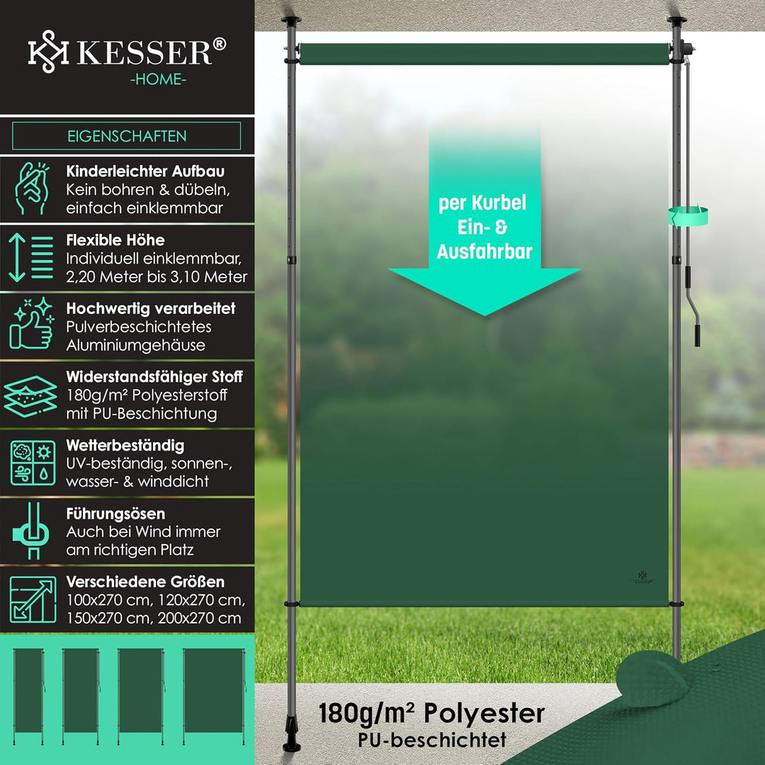 KESSER® Klemmmarkise 120x310 cm, Garten Balkon Sichtschutz wetterfest, Wind- &amp; Sonnenschutz, Senkrec