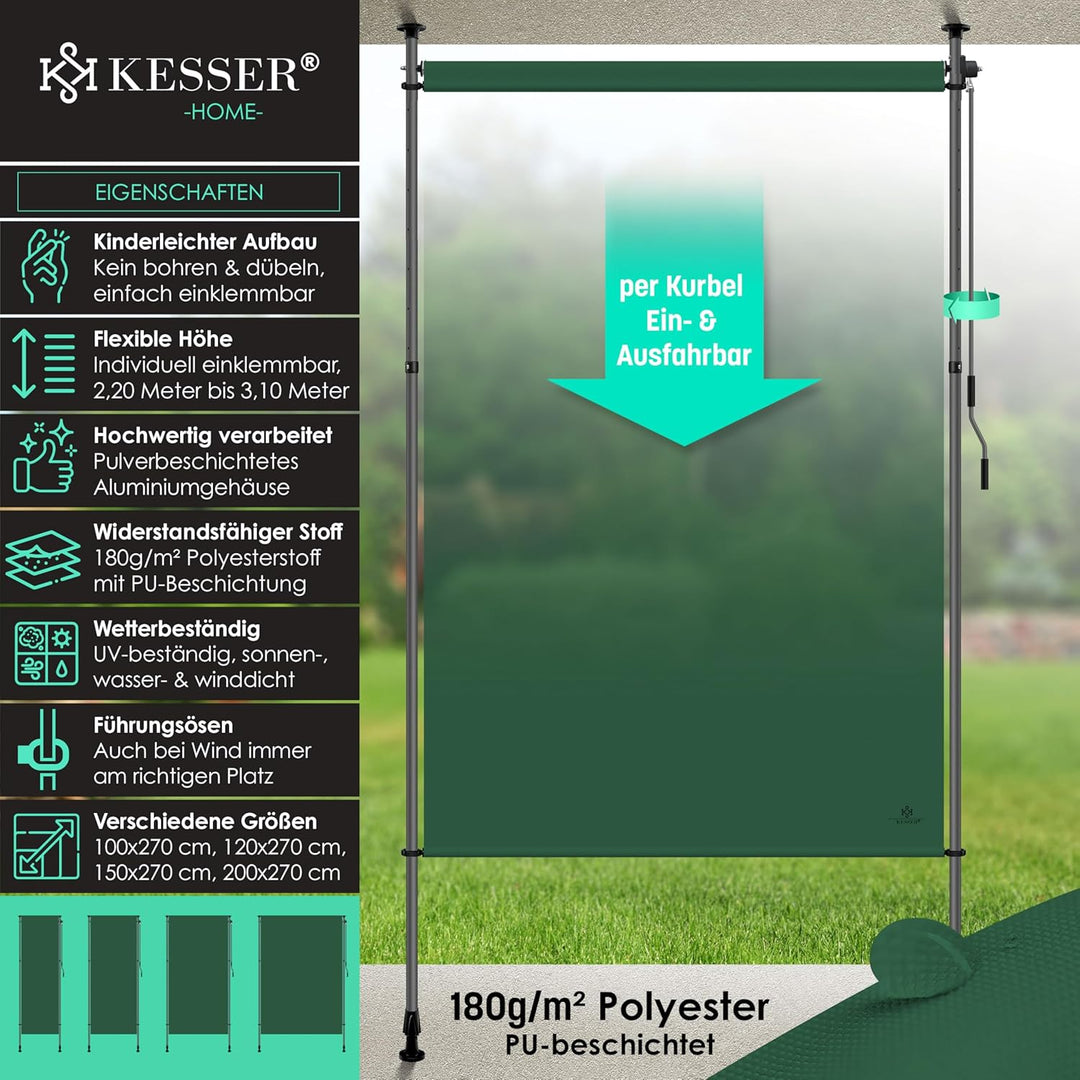 KESSER® Klemmmarkise 150x310 cm, Garten Balkon Sichtschutz wetterfest, Wind- &amp; Sonnenschutz, Senkrec