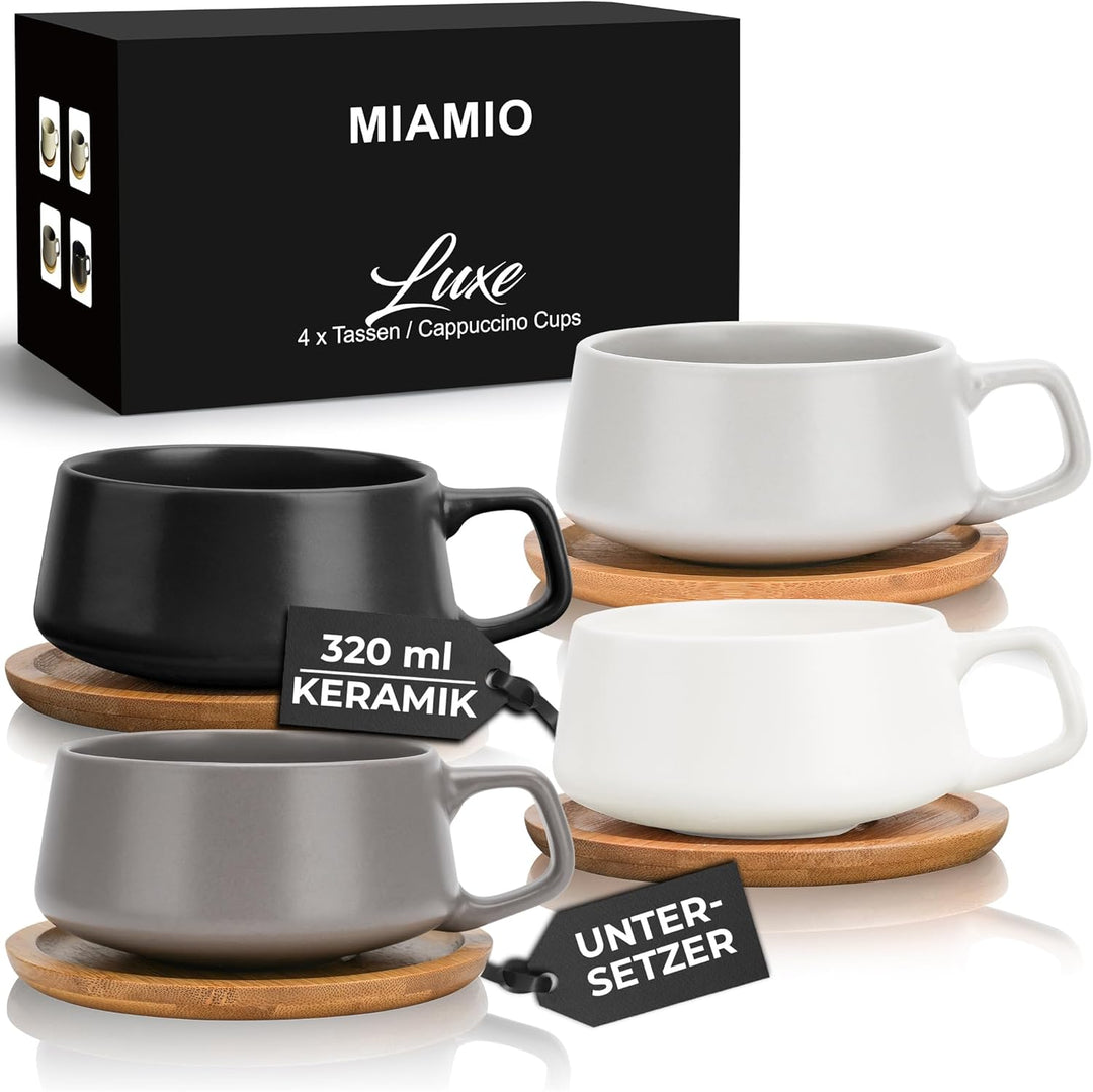 MIAMIO - 4 x 320 ml Kaffeetassen/Cappuccino Tassen mit Unterteller/elegant/modern/Kaffeebecher aus S