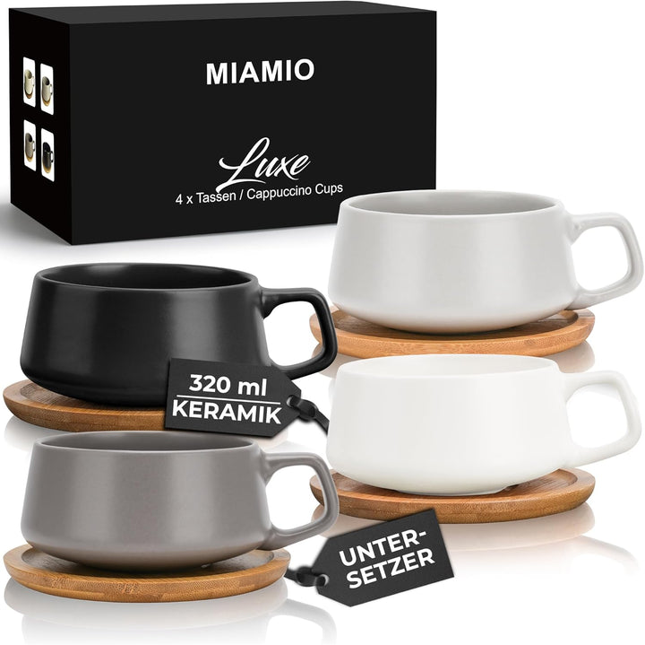 MIAMIO - 4 x 320 ml Kaffeetassen/Cappuccino Tassen mit Unterteller/elegant/modern/Kaffeebecher aus S