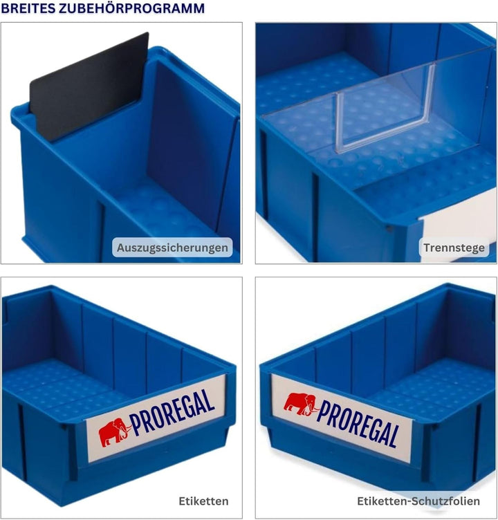 SuperSparSet 48x Blaue Industriebox 300 S | HxBxT 8,1x9,1x30cm | 1,6 Liter | Sichtlagerkasten, Sorti