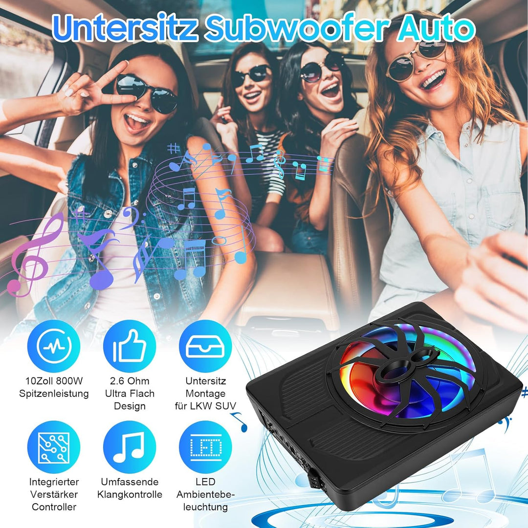 VINGVO Subwoofer Auto,10Zoll 800W Aktiv Subwoofer Für Auto,2.6 Ohm Ultra Flach Untersitz Subwoofer A
