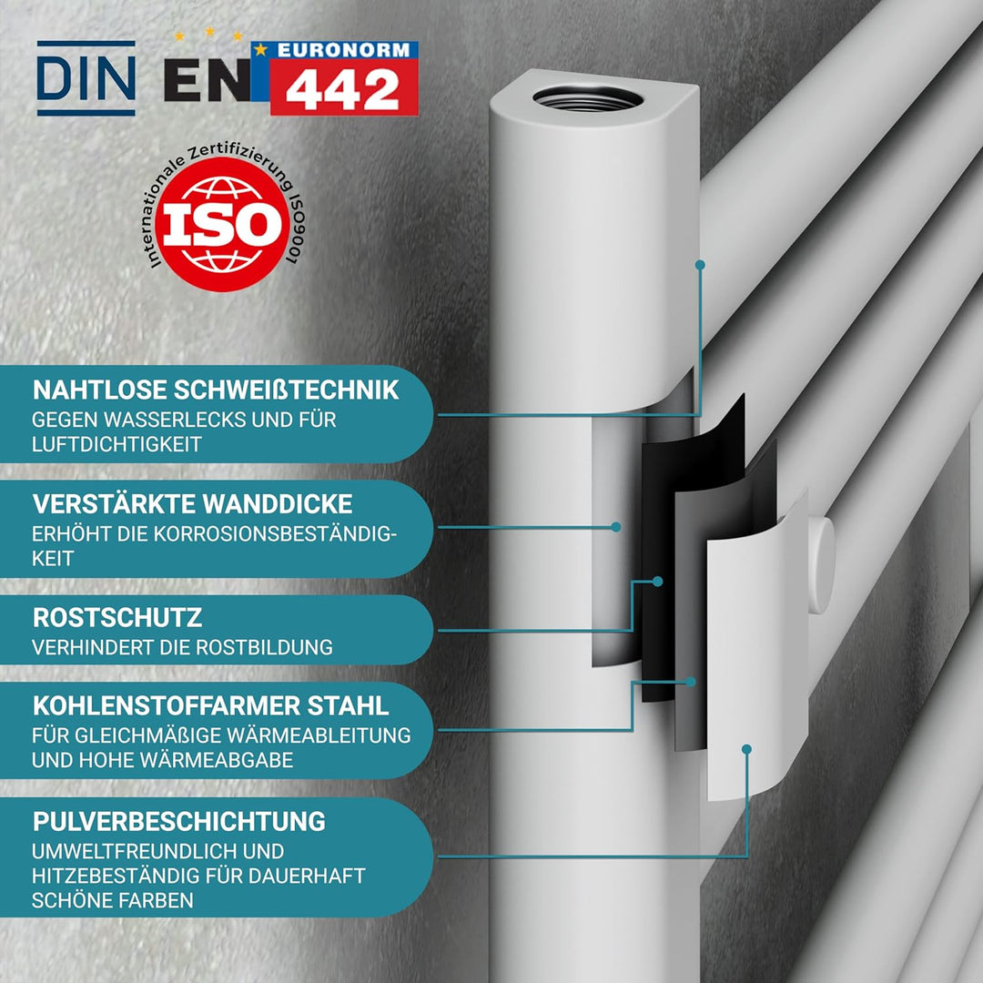 VILSTEIN Badheizkörper | 700x500 mm | Weiss | Seitenanschluss und Mittelanschluss | Flachheizkörper