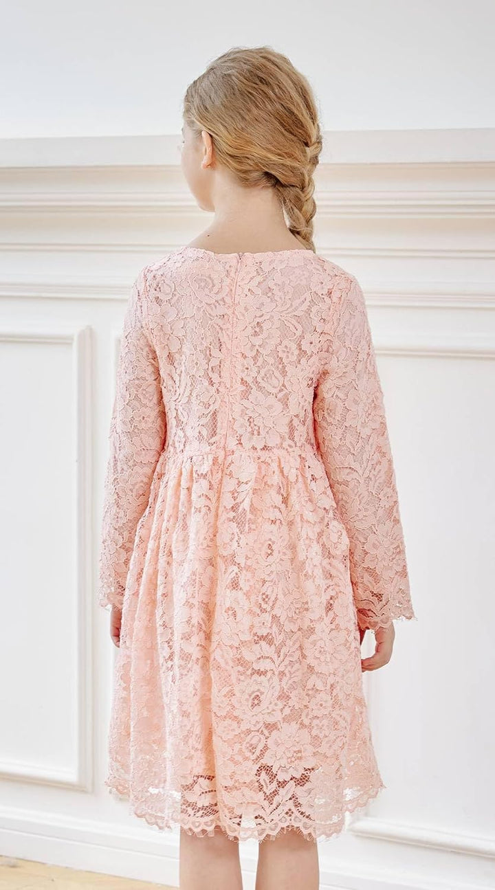 SMILING PINKER Mädchen Festliches Kleid Kinder Spitze Langarm Blumenmädchen Hochzeit Prinzessin Komm