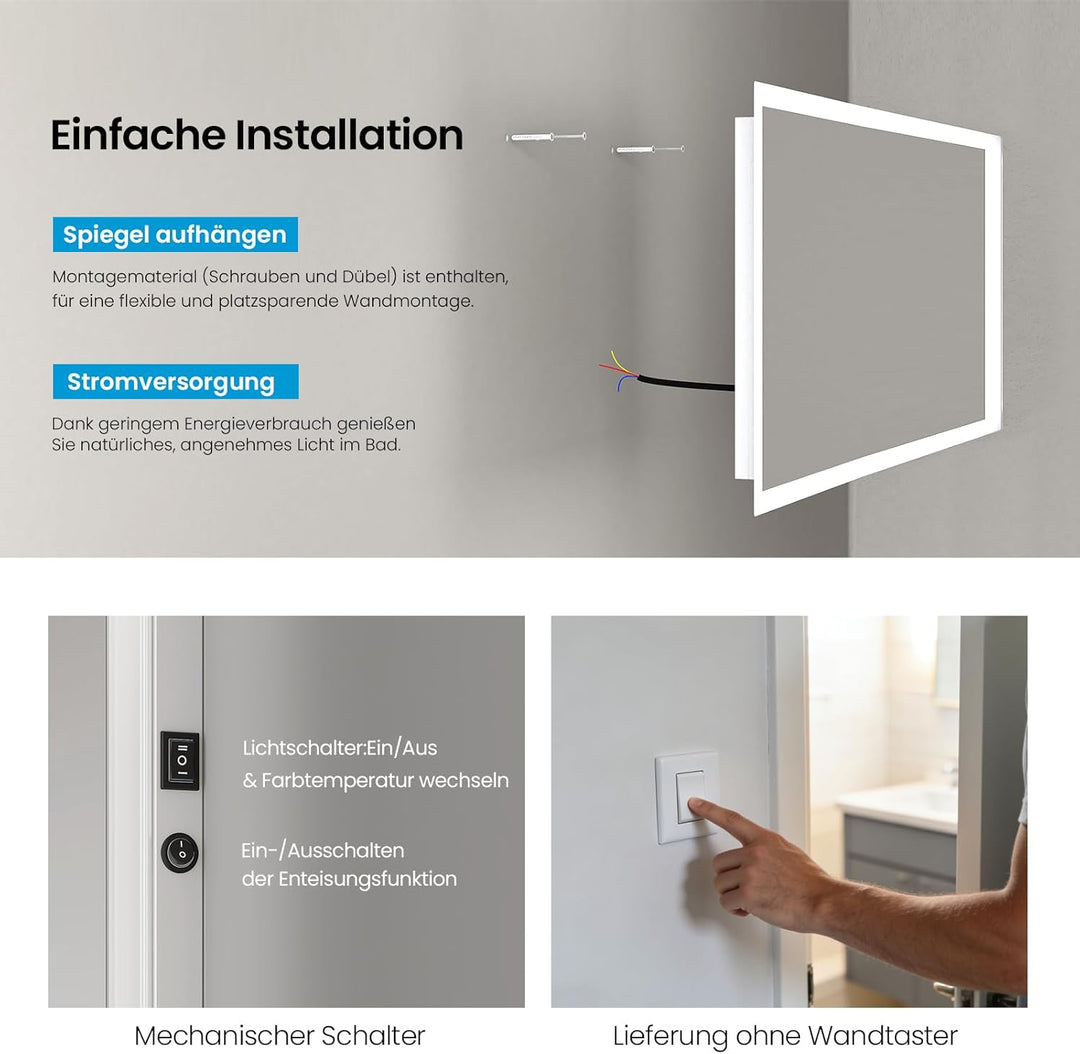 Heilmetz Badspiegel mit Beleuchtung 120x60cm, LED Badezimmerspiegel mit 3000K Warmweisses und 6500K
