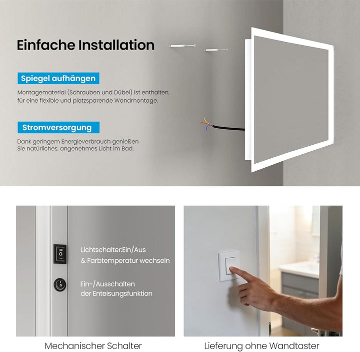 Heilmetz Badspiegel mit Beleuchtung 120x60cm, LED Badezimmerspiegel mit 3000K Warmweisses und 6500K