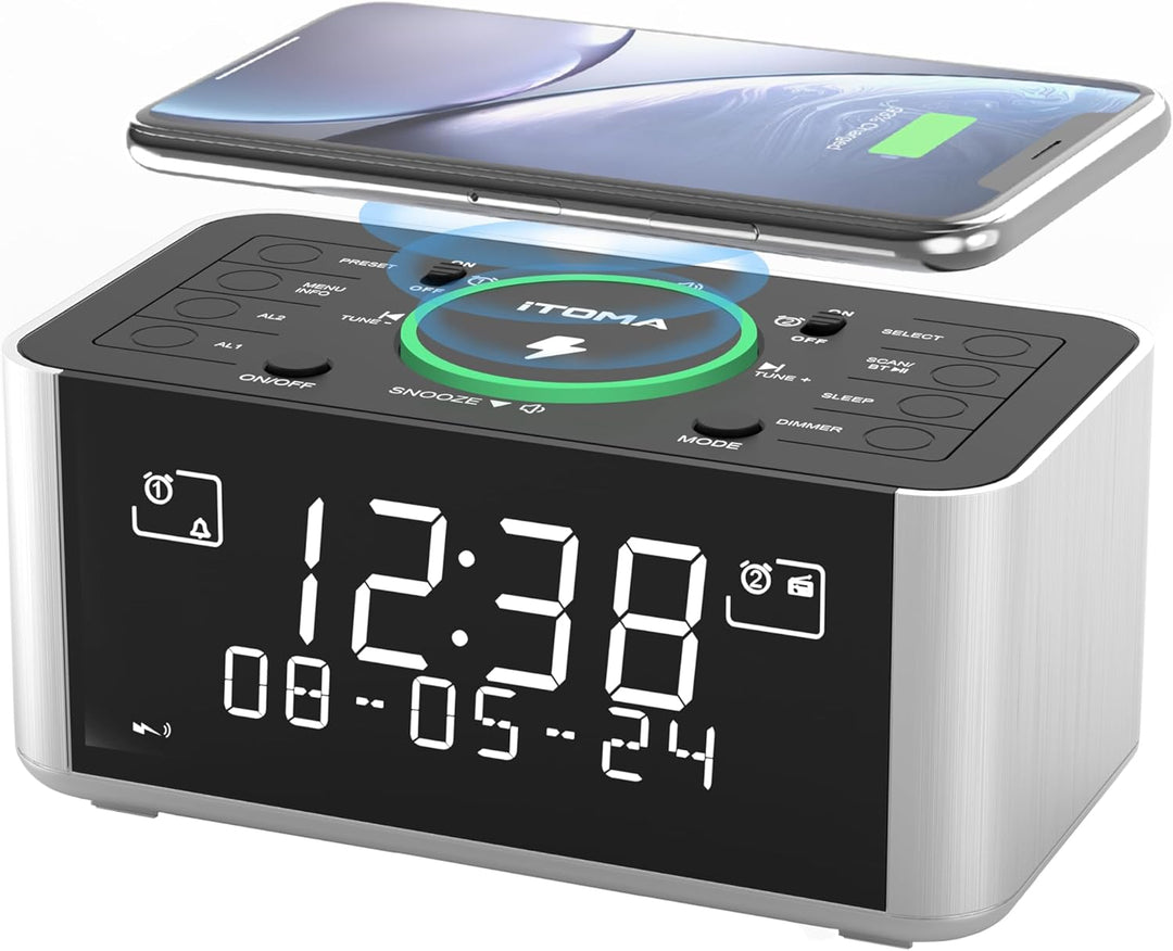 Wireless Charging Wecker mit DAB, DAB+/FM Radio, 40 Preset Stationen, Dual Alarms, Snooze, Dimmbare