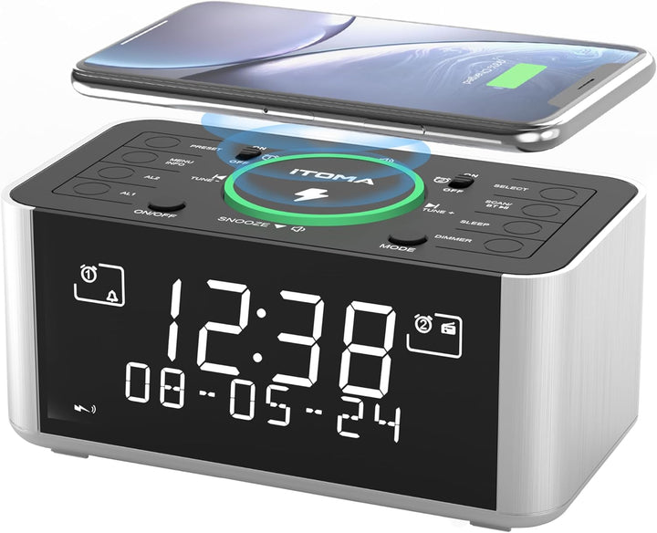 Wireless Charging Wecker mit DAB, DAB+/FM Radio, 40 Preset Stationen, Dual Alarms, Snooze, Dimmbare