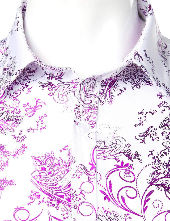 PARKLEES Herren Luxus Paisley Gemustert Golden Glänzend Slim Fit Freizeithemd L Weiss Lila, L Weiss
