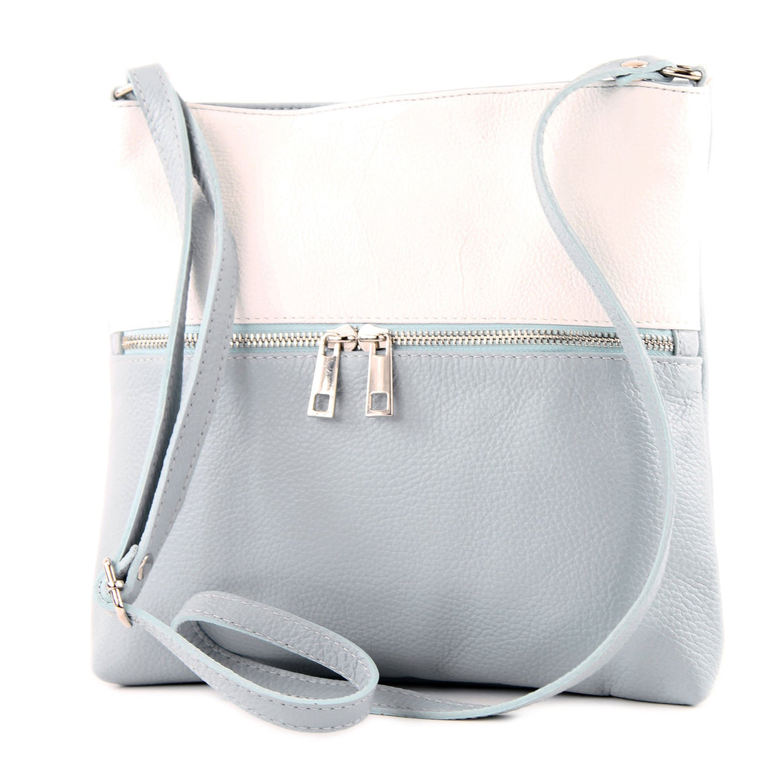 modamoda de - T144 - ital Umhängetasche Schultertasche aus Leder Eisblau/Weiss, Eisblau/Weiss