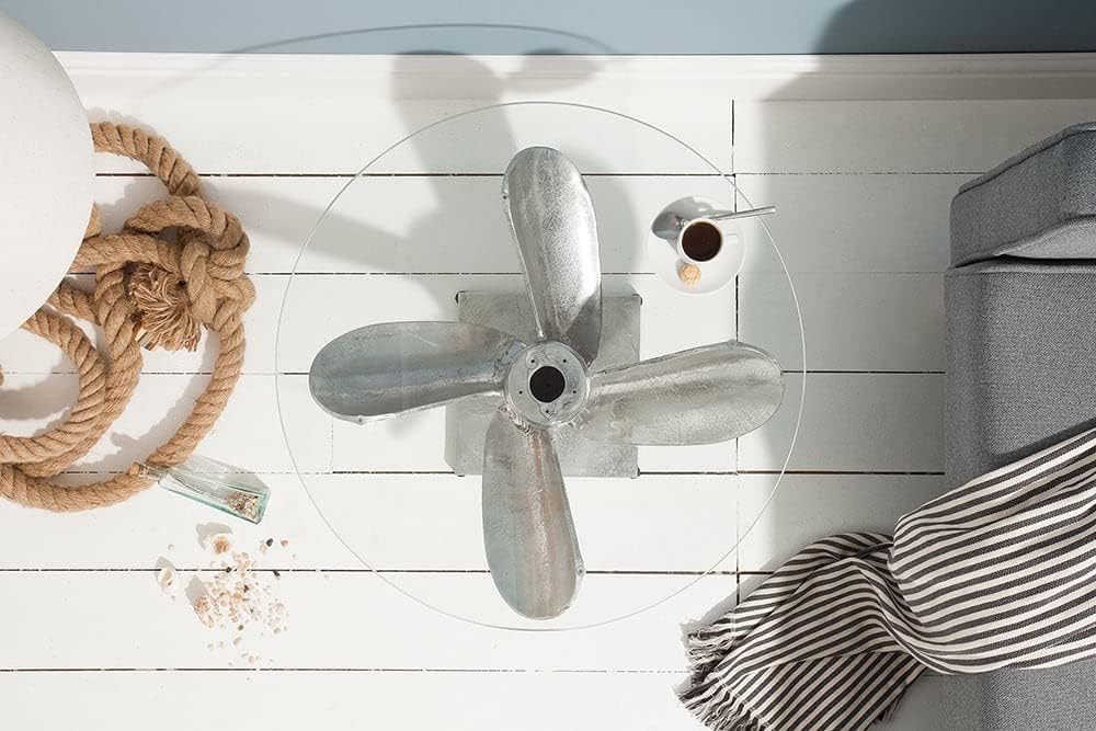 LEBENSwohnART Design Couchtisch ELICA 60cm Silber Aluminium Schiffsschraube Maritim Glasplatte