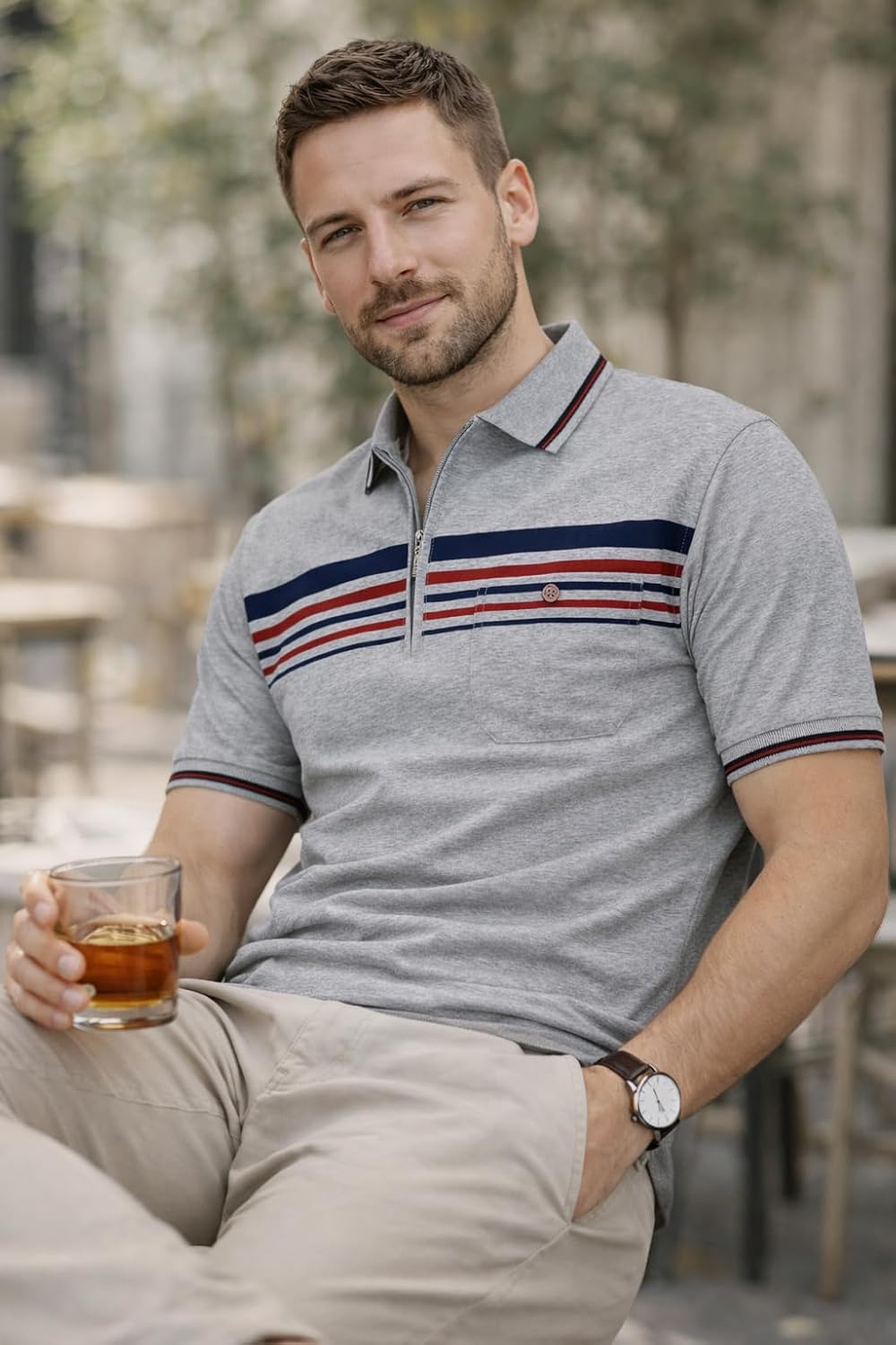 Soltice Herren Kurzarm Poloshirt, Polohemd Kragen, Gestreifte Blousonshirt mit Brusttasche aus Baumw