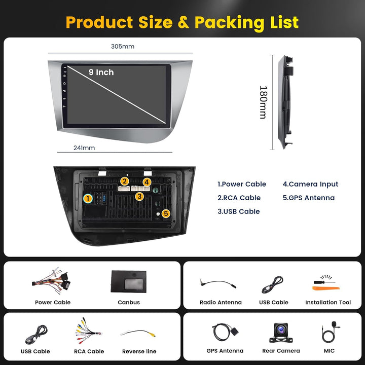Hikity Android 15 4+128G Autoradio für Seat Leon MK2 2005-2012 mit 9 Zoll Incell Touchscreen, Autora