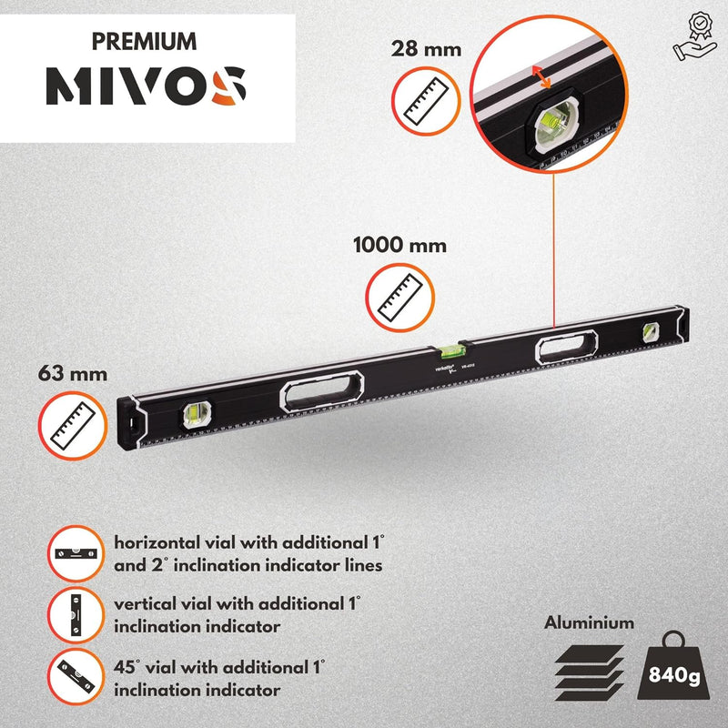 MIVOS - Aluminium Wasserwaage 100 cm mit Magnet System und Aluminium-Gehäuse - Wasserwaage mit 3 Lib