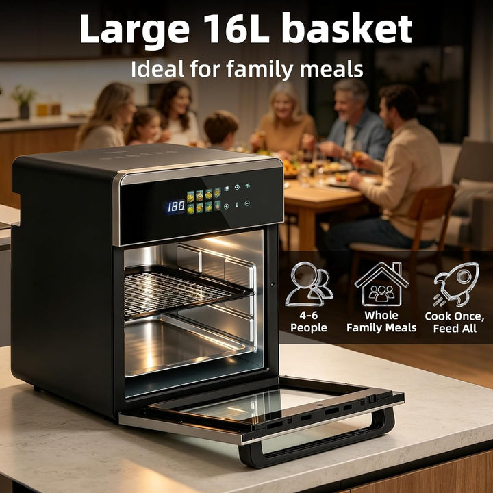 Heissluftfritteuse 16 Liter Edelstahl, 8-in-1 Multifunktionsofen Heissluftfritteuse und Ofen, Airfry