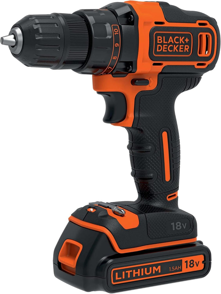 Black+Decker Akku-Bohrschrauber, Bohrmaschine mit 2-Gang Getriebe (18V, 1.5Ah, inklusive 400mA Ladeg