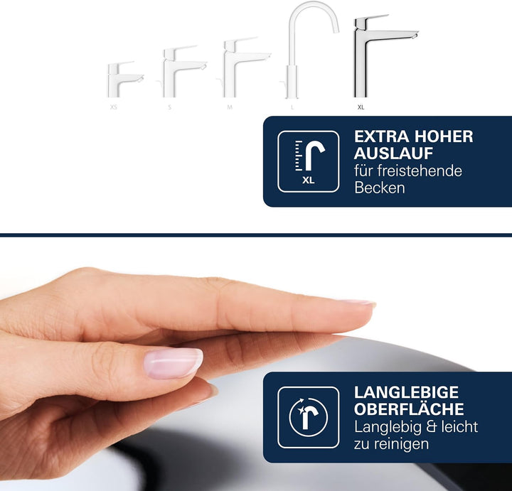GROHE Dice, Waschtischarmatur hoch, wassersparend (Wasserhahn für das Bad, Badarmatur mit Zugstangen