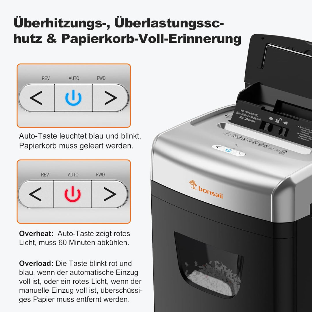 Bonsaii 120 Blatt Aktenvernichter mit Automatischem Einzug, P-4 Partikelschnitt, Extrem Leise mit 62