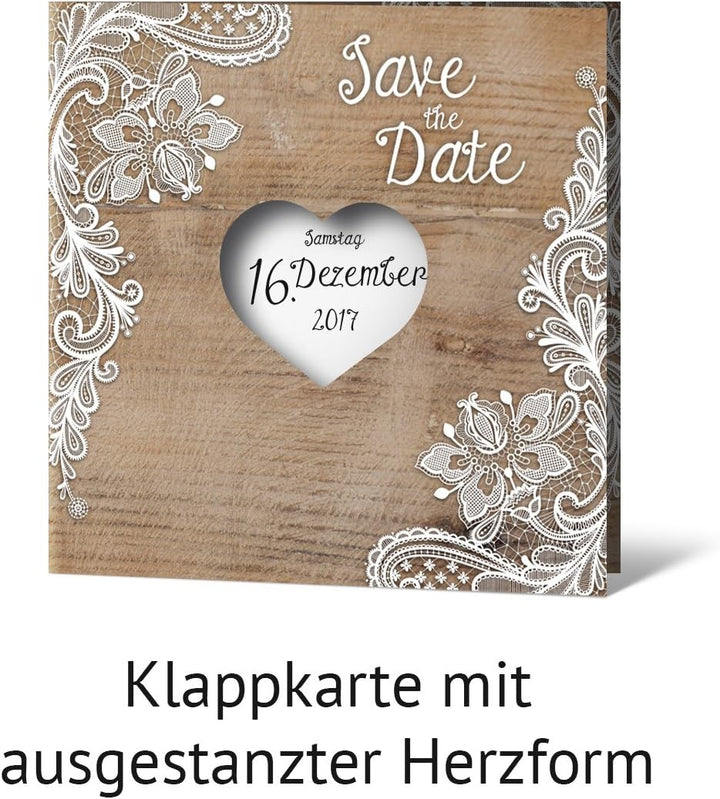Lasergeschnittene Save the Date Karten (100 Stück) - Rustikal mit weisser Spitze - Hochzeitskarten,