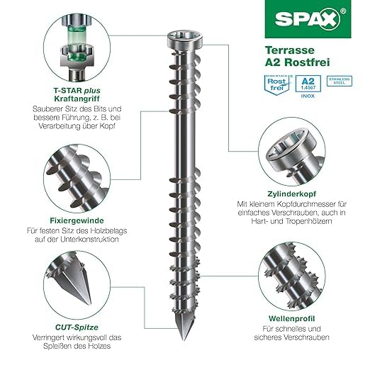 SPAX Terrassenschraube, 5 x 60 mm, 180 Stück, Fixiergewinde, Zylinderkopf, T-STAR plus T25, CUT, Ede