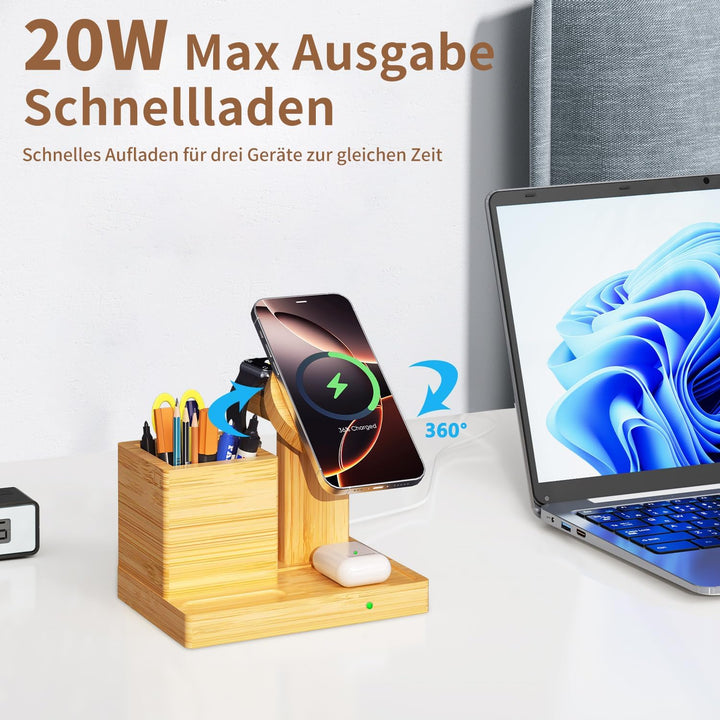 Drahtloser Ladeständer für Mag-Safe - 4 in 1 drahtlose Ladestation mit Stifthalter, Bambus-Schnellla