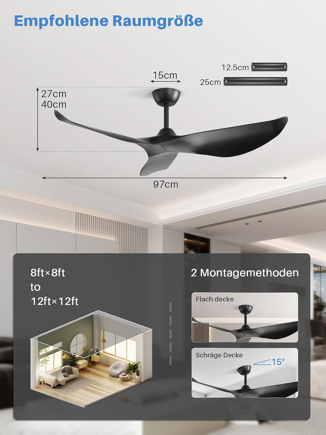 Sofucor 97cm Deckenventilator mit Fernbedienung, Leise Deckenventilator ohne Licht, DC Motor, Timer,
