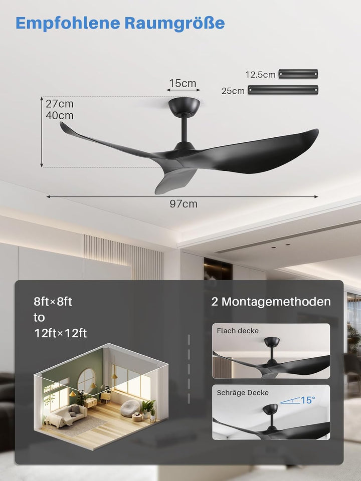 Sofucor 97cm Deckenventilator mit Fernbedienung, Leise Deckenventilator ohne Licht, DC Motor, Timer,