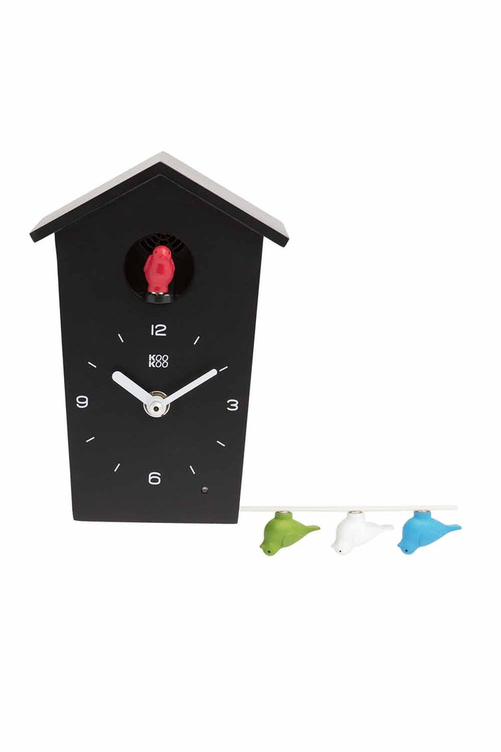 KOOKOO Birdhouse Mini Schwarz, Design Kuckucksuhr mit 12 Vogelstimmen oder Kuckuck, Schwarz
