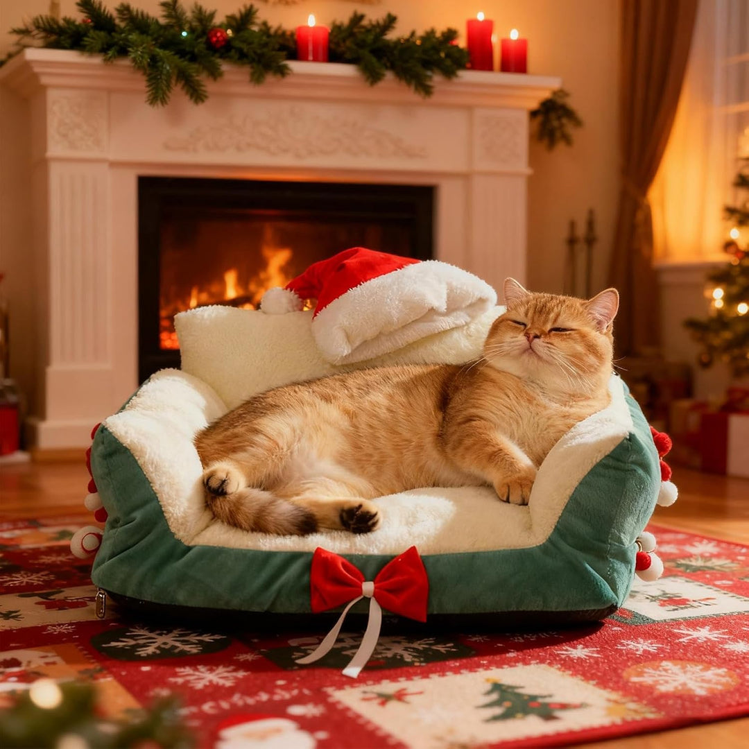 Katzen-Couchbett, Weihnachts-Lounge mit Weihnachtsmannmütze, stützendes Haustier-Sofa – für Küche, S