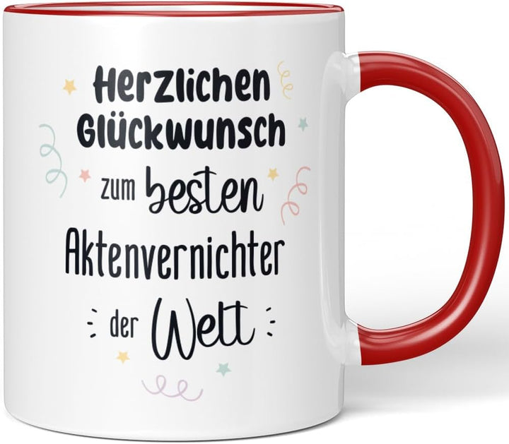 JUNIWORDS Tasse, Herzlichen Glückwunsch zum besten Aktenvernichter der Welt, Rot (7623843), Rot