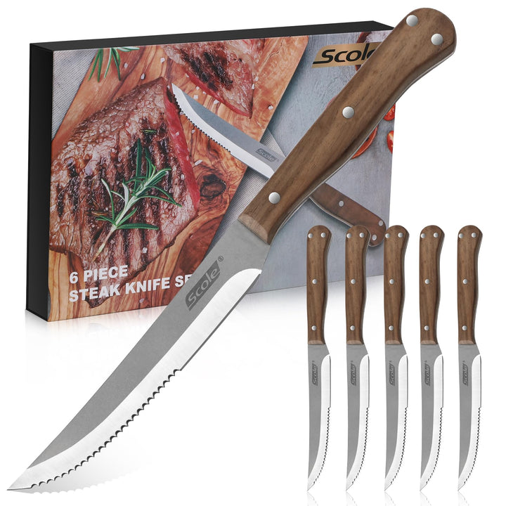 SCOLE® Steakmesser Set 6-teilig, Küchen Steakbesteck Messer set aus Carbon Edelstahl mit Wellenschli