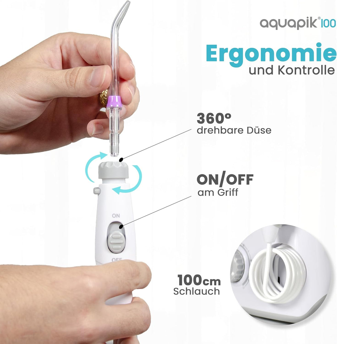 Aquapik® 100 professionelle Munddusche | Plaqueentferner + von Zahnärzten empfohlen | 8 Düsen, 10 Dr