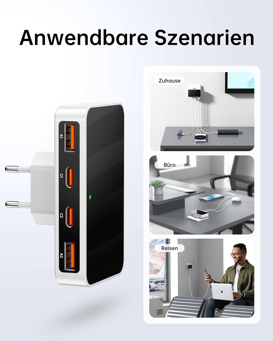 65W USB C Ladegerät Flach,USB Mehrfachstecker Ladestation mit 4 Ports,Reise Schnellladegerät USB C f