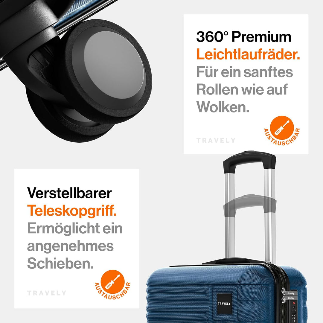 Travely Premium Handgepäck Koffer 55x40x20cm - passend für Ryanair, Lufthansa, Eurowings und co. I 3