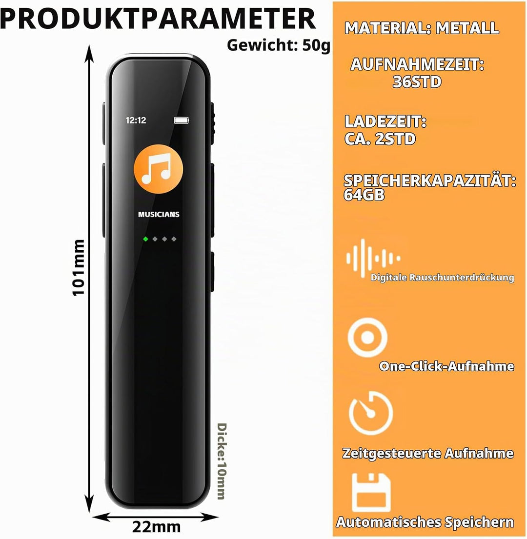 Diktiergerät Mini 64GB, Aufnahmegerät, Digitales Diktiergerät, Diktiergerät Digital mit Wiedergabe,