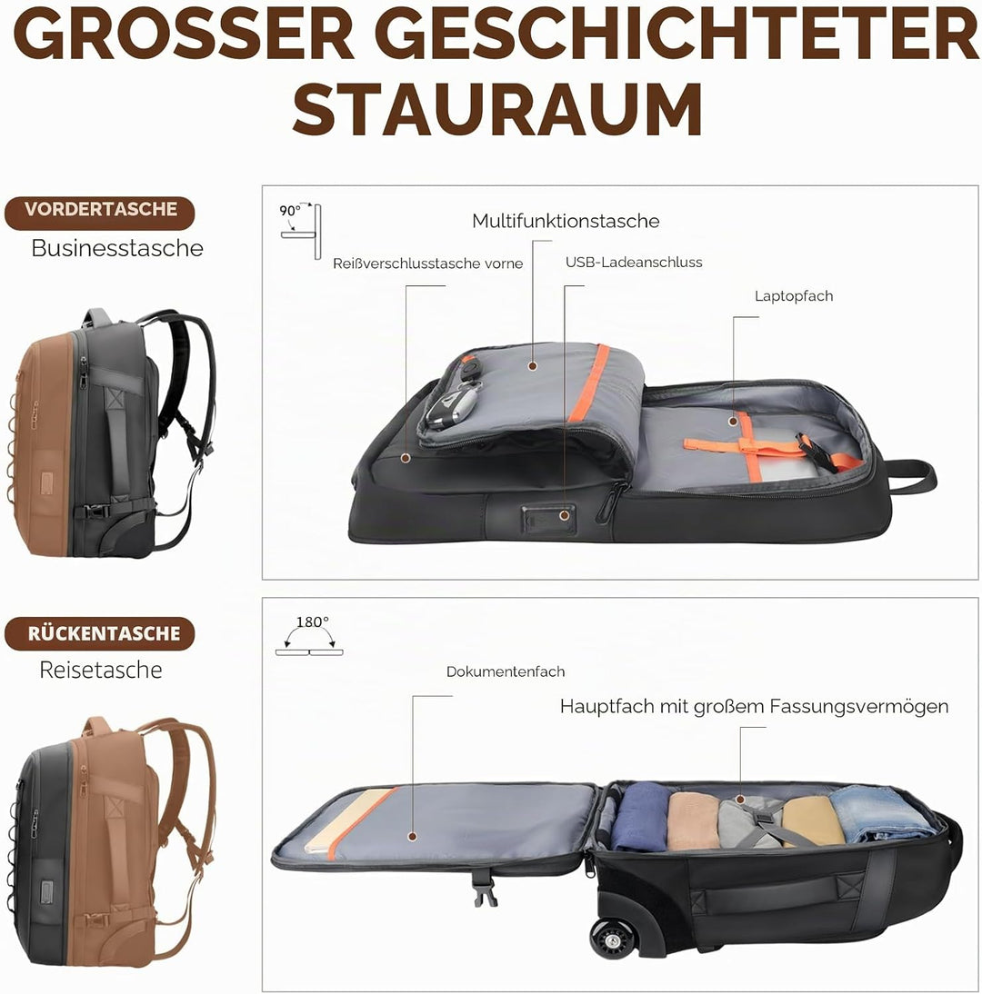 2-in-1-Reiserucksack mit Rollen, 50L Rucksack Trolley mit 17,3" Laptopfach- Handgepäck mit USB-C-Ans