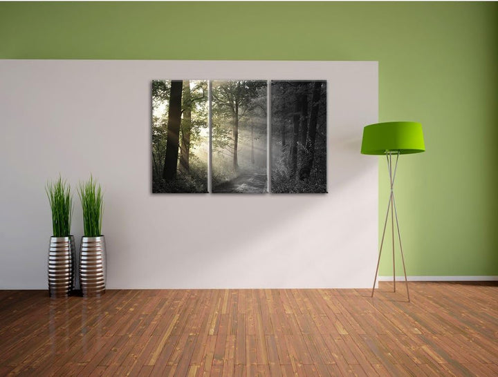 Pixxprint Waldweg im Grünen / 3-Teilig/Gesamtmass 120cm Leinwandbild bespannt auf Holzrahmen/Wandbil