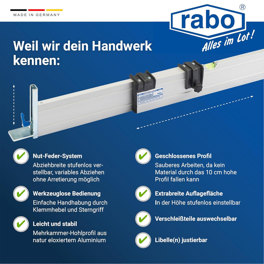 rabo stufenlos verstellbare Abziehschiene 0,60-1,00m, mit 2 verstellbaren Höhenanschlägen, stufenlos