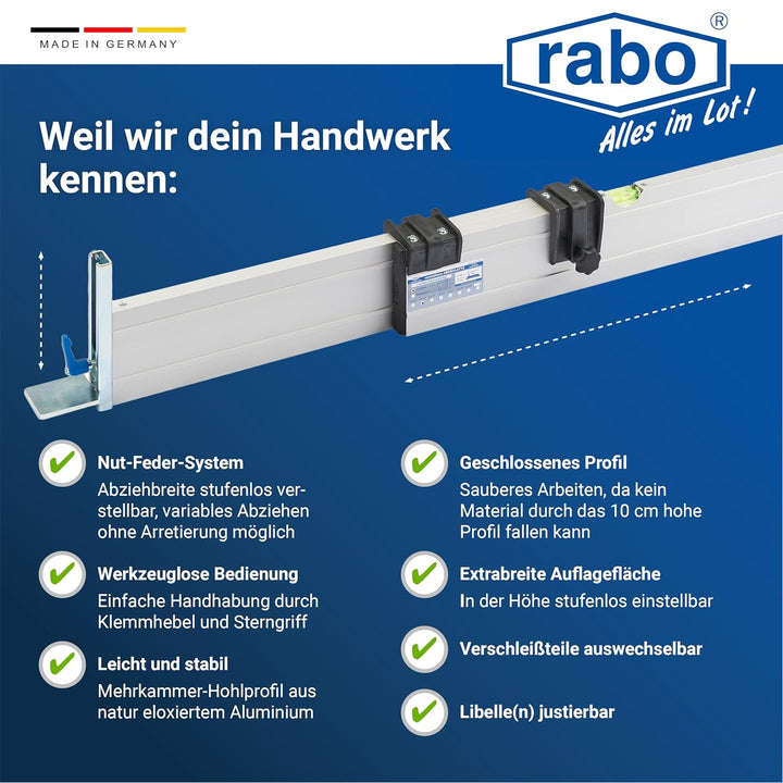 rabo stufenlos verstellbare Abziehschiene 0,60-1,00m, mit 2 verstellbaren Höhenanschlägen, stufenlos