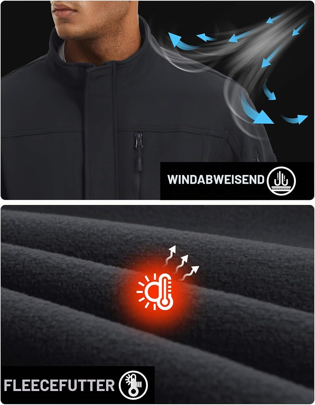 TACVASEN Herren Softshell Jacke Winddichte Warme Fleece Outdoorjacke Übergangsjacke mit Reissverschl