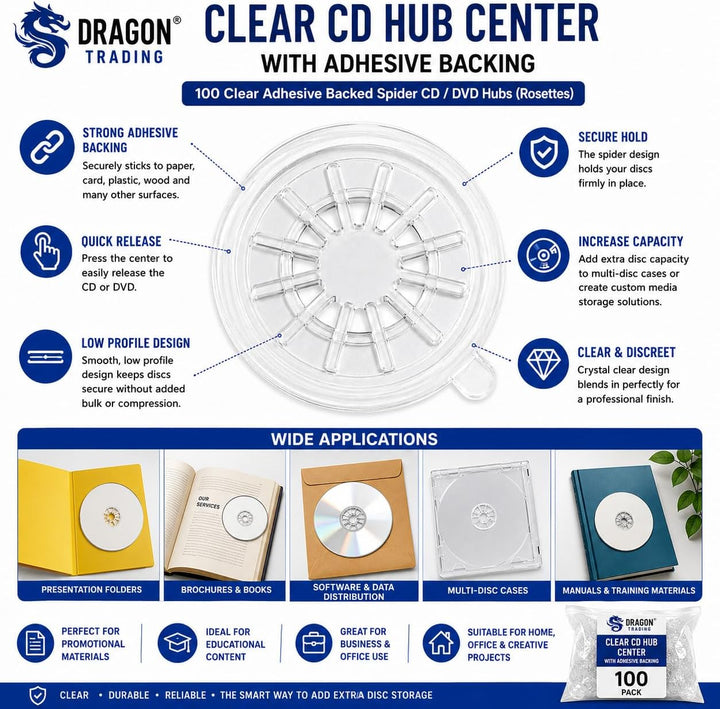 DragonTrading® CD-Hub mit selbstklebender Rückseite, transparent, 100 Stück
