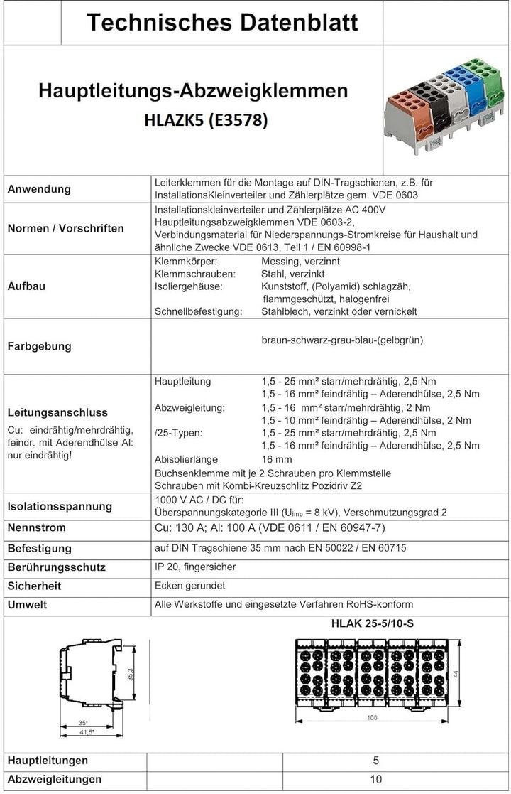 Hauptleitungs Abzweigklemme 5 polig für Hutschiene - VDE GEPRÜFT & MADE IN GERMANY - Strom Verteiler