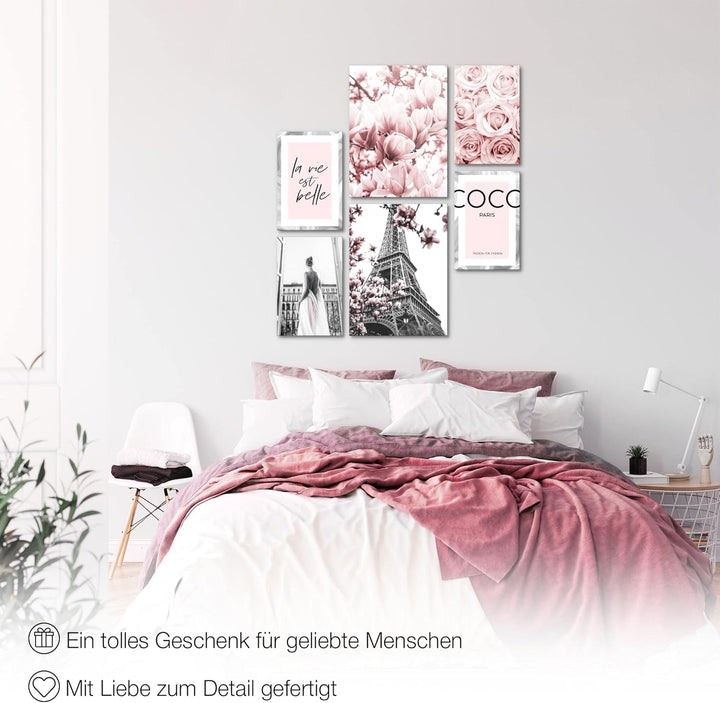 Novart Bilder Set - AUFHÄNGFERTIG - KEIN EXTRA RAHMEN BENÖTIGT - Fashion Coco Modern Grau Rosa - Woh