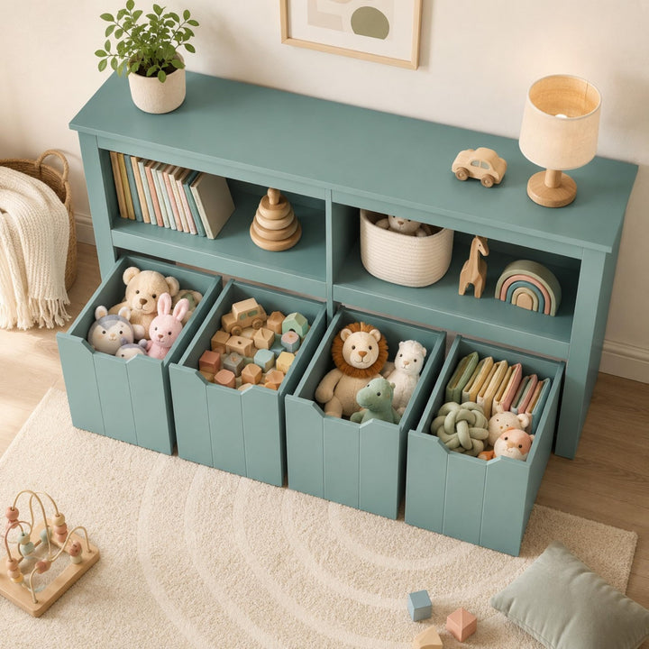 Spielzeugregal mit 4 herausnehmbaren Rollboxen, Kinderregal mit 2 offenen Fächern und Kippschutz, mu
