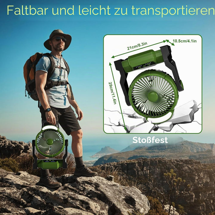 Camping Ventilator mit Akku,15000mAh Ventilator mit Camping Licht &amp; Haken,Wiederaufladbarer Tischven